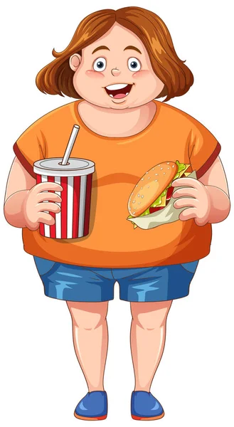 Overweight Woman Holding Fast Food Cartoon Character Illustration — Stock Vector