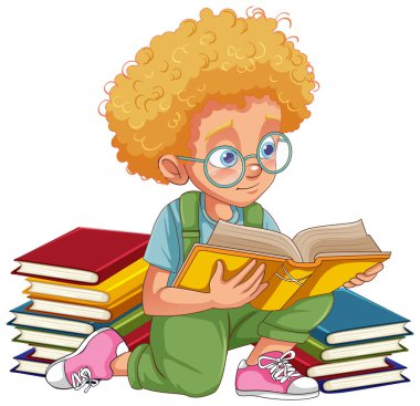 Kıvırcık saçlı çocuk kitap resimlerini okuyor.