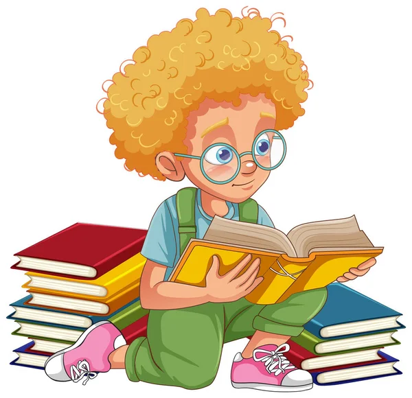 Junge Mit Lockigem Haar Liest Eine Buchillustration — Stockvektor