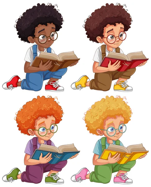 Set Boy Curly Hair Different Skin Colour Reading Book Illustration — Stock Vector