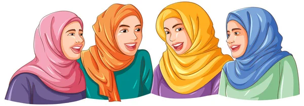 Glad Muslimsk Kvinna Bär Hijab Vänner Illustration — Stock vektor