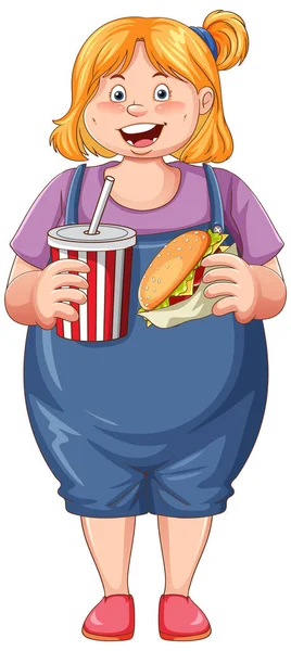 Overweight Woman Holding Fast Food Cartoon Character Illustration — Stock Vector