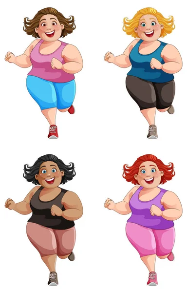 Chubby Femme Exécution Exercice Collection Illustration — Image vectorielle