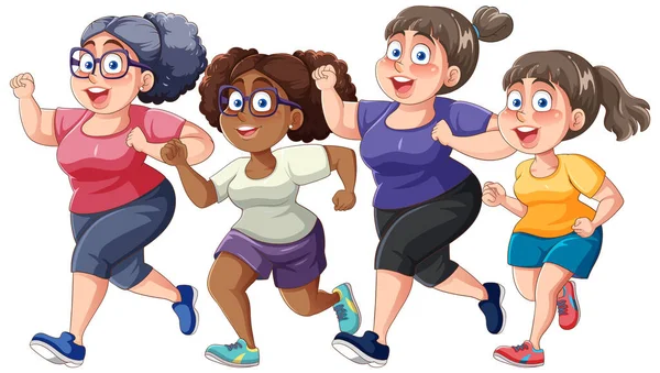 Diverse Chubby Runners Exercising Together Illustration — Stock Vector