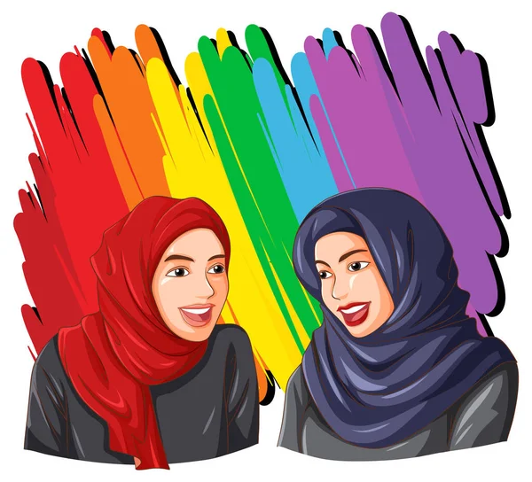 Dua Wanita Muslim Mengenakan Jilbab Dengan Pelangi Kebanggaan Simbol Ilustrasi - Stok Vektor