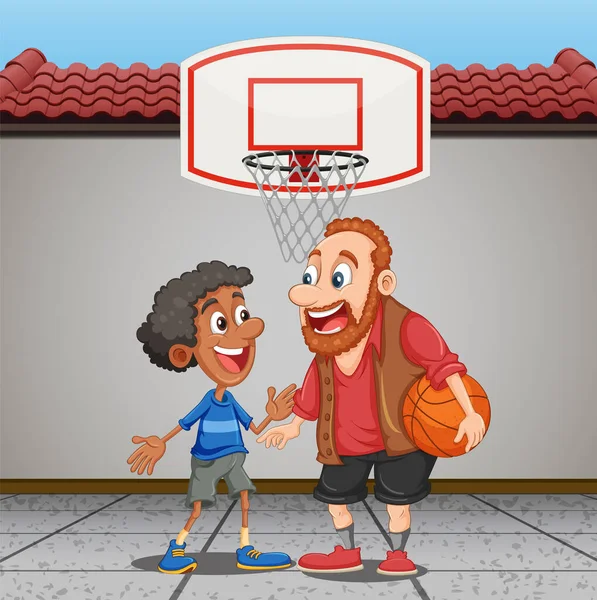 Hombre Mediana Edad Jugando Baloncesto Con Niño Ilustración — Vector de stock