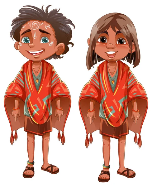 Crianças Indígenas Desenhos Animados Personagem Ilustração —  Vetores de Stock