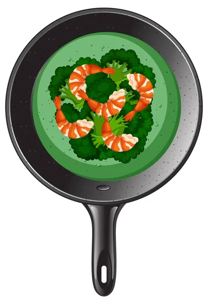 Broccoli Shrimp Soup Pan Illustration — Stock Vector
