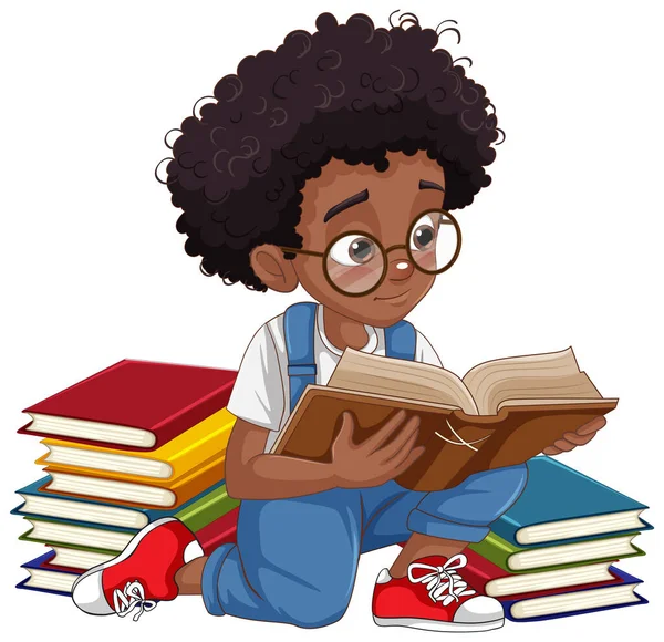 Kıvırcık Saçlı Afro Afrikalı Çocuk Kitap Illüstrasyonu Okuyor — Stok Vektör