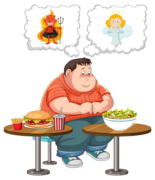 Nadwaga Człowiek Walki Między Jedzeniem Zdrowej Lub Niezdrowej Ilustracji Żywności — Wektor stockowy