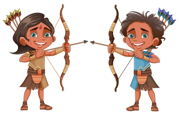 Native American Tribe Kids Holding Bow Arrow Illustration — Stock Vector