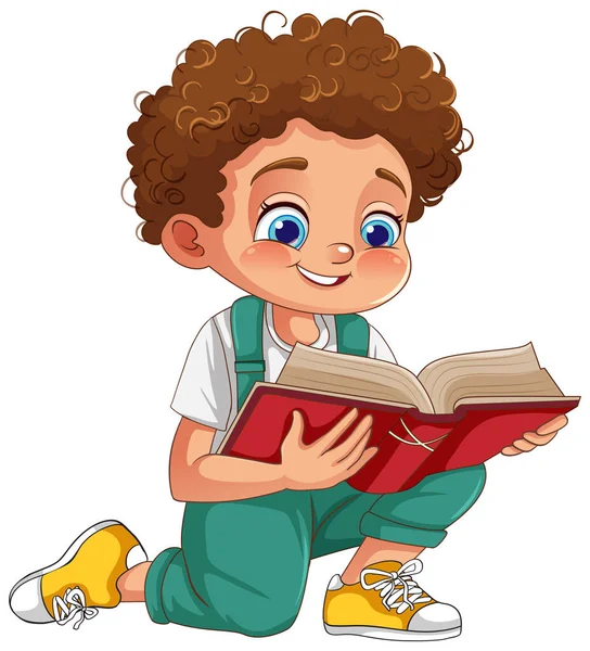 Αγόρι Σγουρά Μαλλιά Που Διαβάζει Μια Εικονογράφηση Βιβλίου — Διανυσματικό Αρχείο