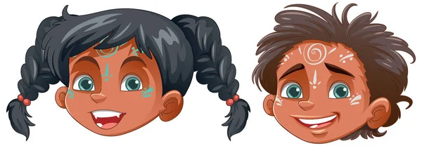 Tribal Kids Gesichter Cartoon Stil Illustration — Stockvektor