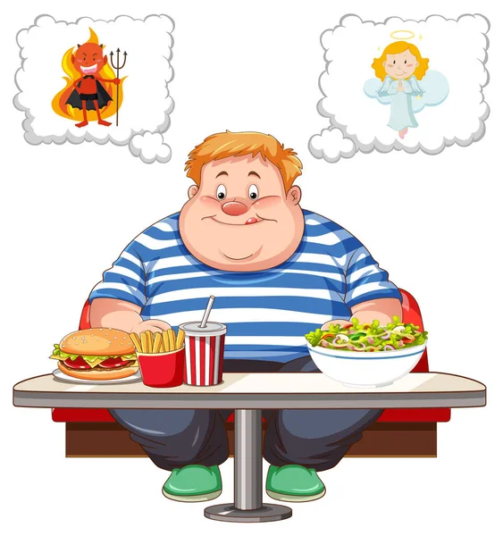 Избыточный Вес Человек Борется Между Едой Здоровой Нездоровой Пищи Иллюстрации — стоковый вектор