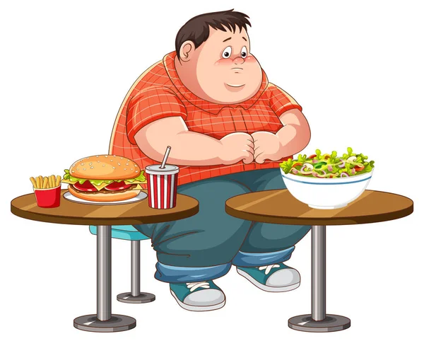 Nadwaga Człowiek Walki Między Jedzeniem Zdrowej Lub Niezdrowej Ilustracji Żywności — Wektor stockowy