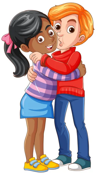 Interracial Couple Couple Hugging Cartoon Character Illustration — Stock Vector