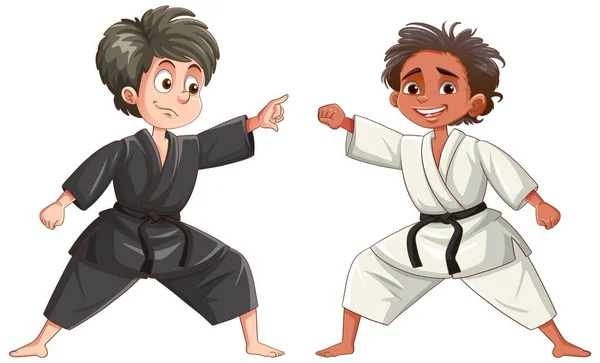 Niños Diferentes Razas Jugando Taekwondo Ilustración — Vector de stock
