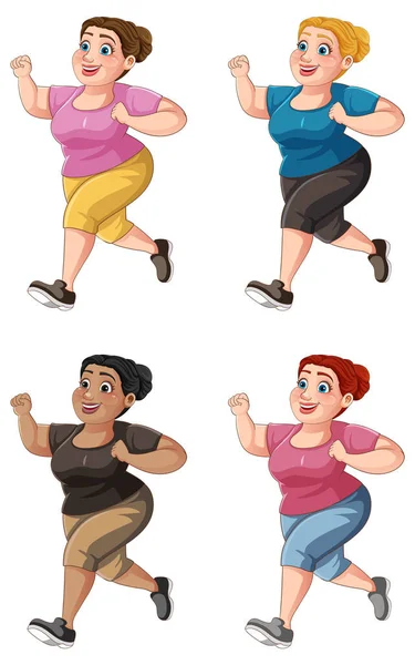 Chubby Femme Exécution Exercice Collection Illustration — Image vectorielle