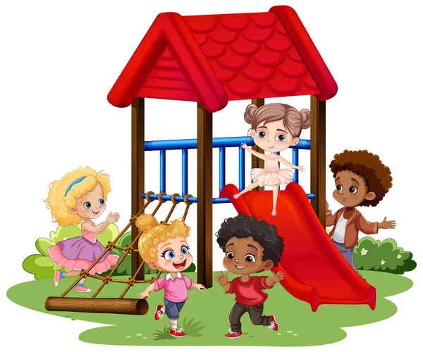 Kinder Mit Unterschiedlichen Rassen Spielen Auf Dem Spielplatz Illustration — Stockvektor