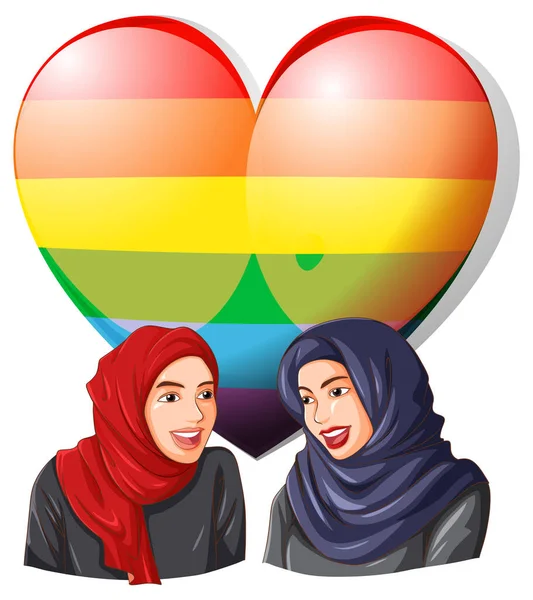 ヒジャーブを身に着けている2人のイスラム教徒の女性虹の誇りシンボルイラスト — ストックベクタ