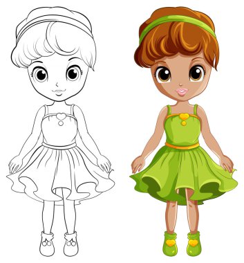 Karalama çizimi resimli kokteyl elbisesi içinde güzel bir kız.