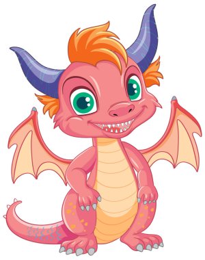 Tatlı pembe ejderha çizgi film karakteri izole bir şekilde duruyor.