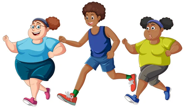 Overweight Woman Thin Man Running Health Illustration — Stock Vector