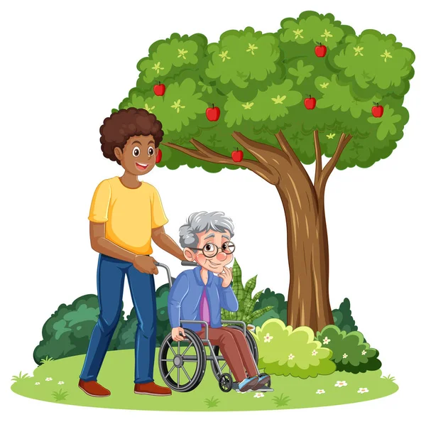 Cuidador Masculino Com Avó Uma Cadeira Rodas Parque Ilustração — Vetor de Stock