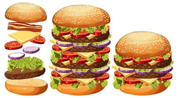 Ser Hamburger Kreskówka Izolowane Ilustracja — Wektor stockowy