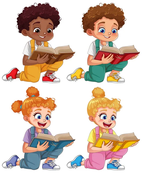 Sada Chlapců Dívek Kudrnatými Vlasy Různých Barvách Pleti Čtení Knihy — Stockový vektor
