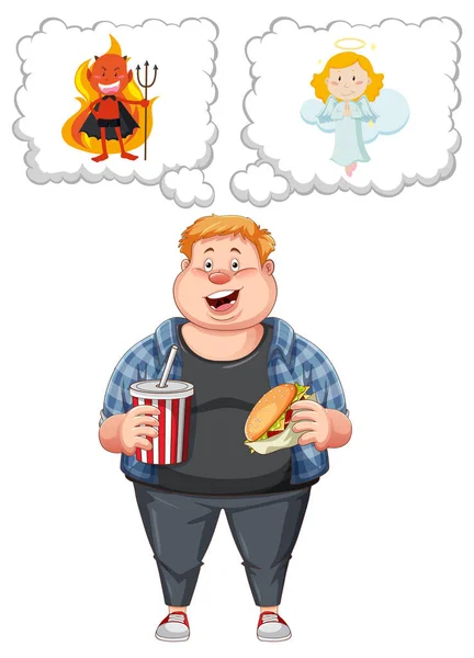 Uomo Sovrappeso Lotta Tra Mangiare Sano Malsano Illustrazione Del Cibo — Vettoriale Stock
