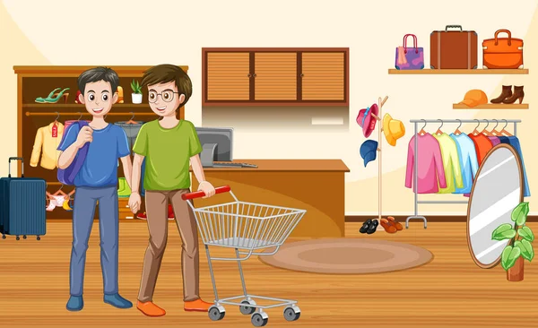 Alışveriş Merkezinden Alışveriş Yapan Erkek Çift — Stok Vektör