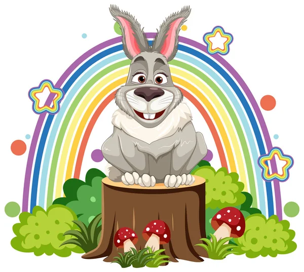 Lustige Kaninchen Mit Regenbogen Hintergrund Illustration — Stockvektor
