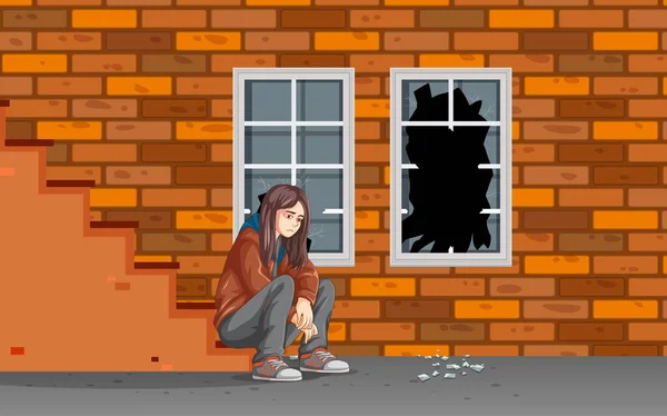 Depresyjny Nastolatek Siedzi Schodach Wybitym Oknem Ilustracji Sceny — Wektor stockowy
