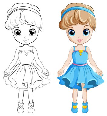 Karalama çizimi resimli kokteyl elbisesi içinde güzel bir kız.