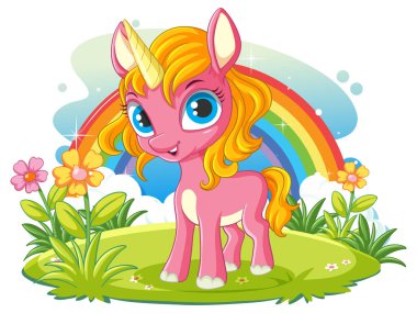Gökkuşağı resimli şirin sihirli tek boynuzlu at.