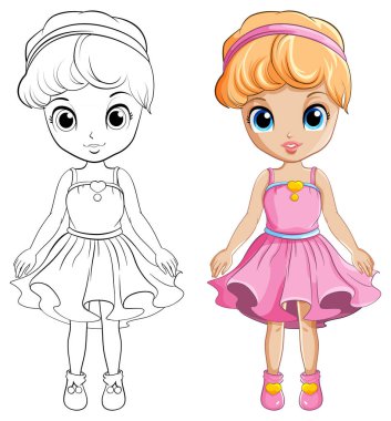 Karalama çizimi resimli kokteyl elbisesi içinde güzel bir kız.