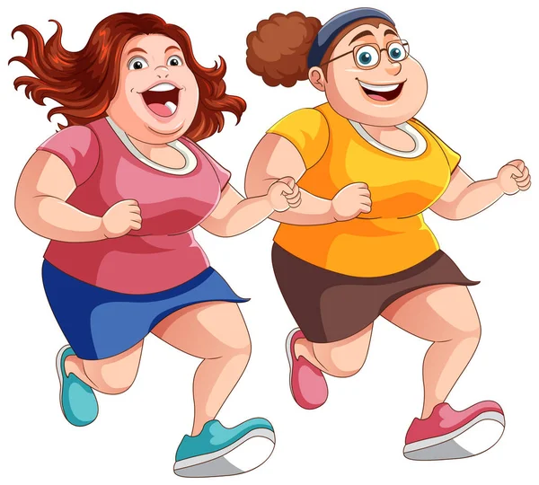 Deux Femmes Joufflues Courir Ensemble Illustration — Image vectorielle