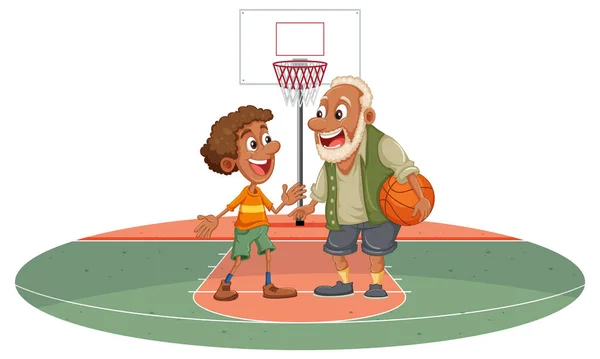 異なる年齢の人々が一緒にバスケットボールをプレイイラスト — ストックベクタ