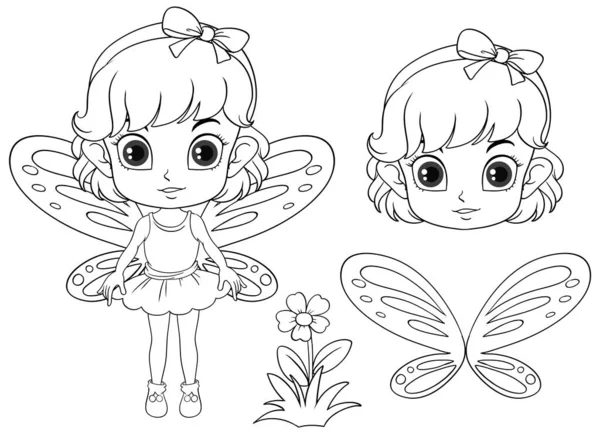 Coloring Page Outline Cute Fairy Girl Illustration — Stock Vector