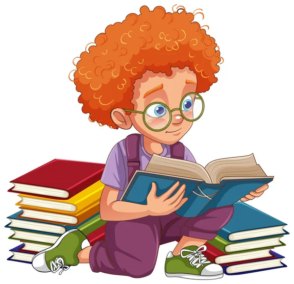 Boy Curly Hair Reading Book Illustration — Stock Vector
