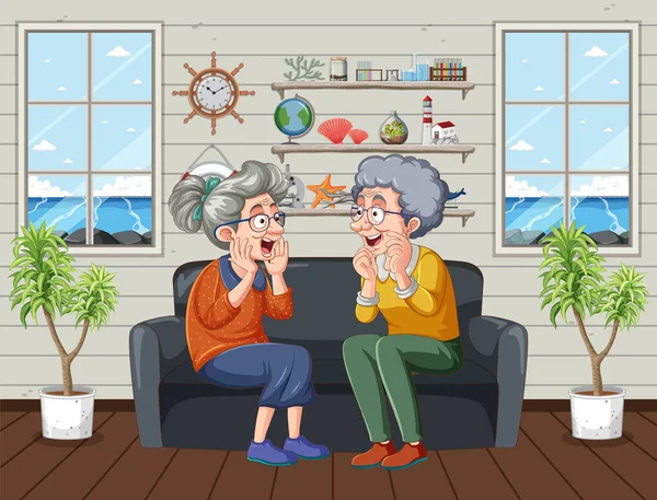Happy Grandmother Talking Vacation House Illustration — Stock Vector