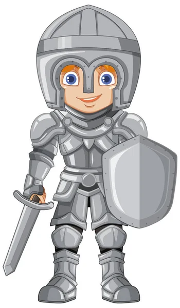 卡通骑士男孩拿着剑和盾牌图解 — 图库矢量图片