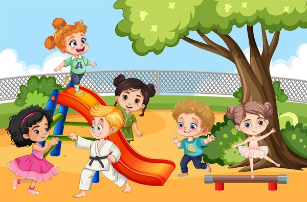 Bambini Con Diverse Razze Che Giocano Parco Giochi Illustrazione — Vettoriale Stock