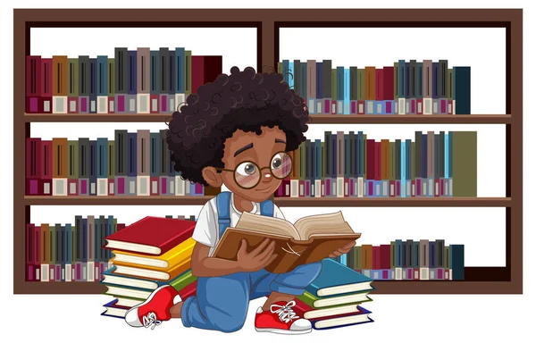 Σγουρά Μαλλιά Αγόρι Ανάγνωση Εικονογράφηση Βιβλίου — Διανυσματικό Αρχείο