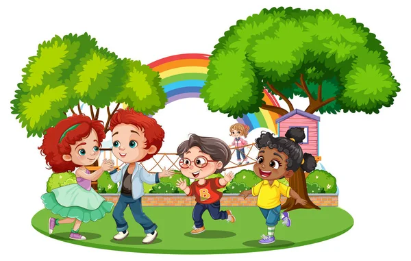Barn Med Olika Ras Spelar Parken Illustration — Stock vektor
