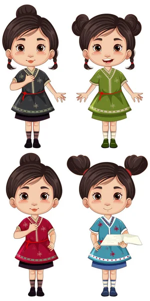 一组穿着传统服装插图的中国女孩 — 图库矢量图片