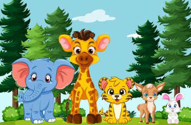 Orman illüstrasyonunda sevimli vahşi hayvanlar