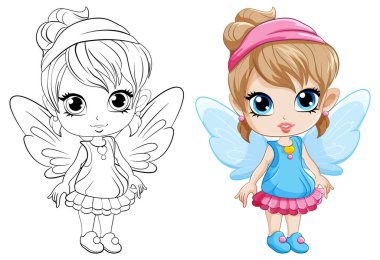 Kanatlı çizgi film perisi ve karalama karakteri çizimi