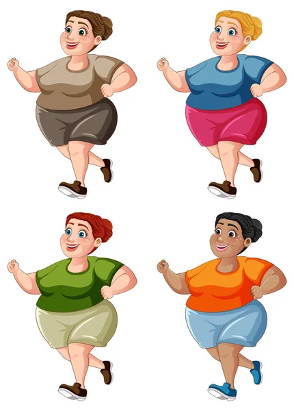 Chubby Women Running Exercício Coleção Ilustração —  Vetores de Stock